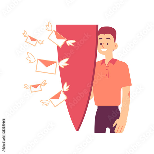 Vector illustration of man with big shield protecting himself from attack of flying mails in envelopes with wings in flat style isolated on white - antispam and personal data protection concept.