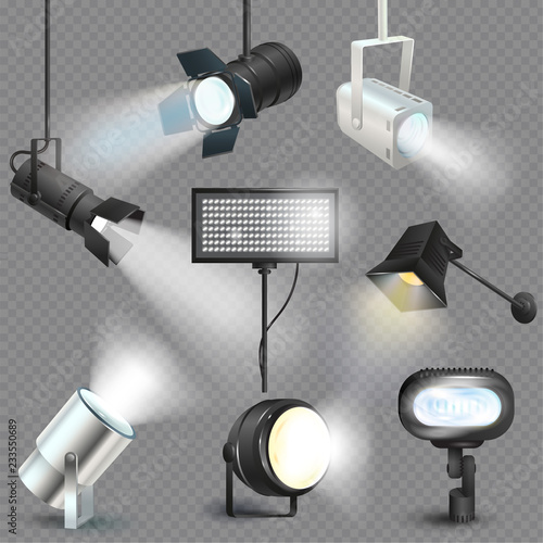 Spotlight vector light show studio with spot lamps on theater stage illustration set of projector lights photographing movie equipment isolated on transparent background