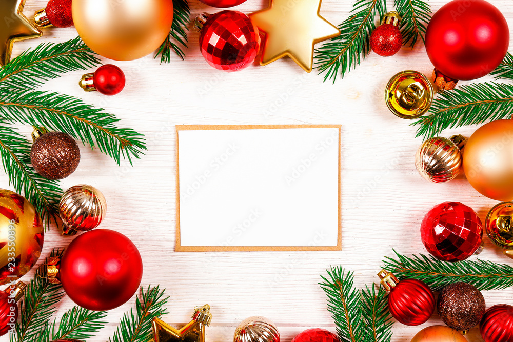 Letter to santa concept. Festive flat lay composition with blank invitation  for new year celebration & craft paper envelope. Christmas greeting card  template concept. Background, copy space, top view. Stock Photo |