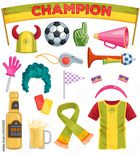 Soccer fan set vector sportsfan football hand foam soccerball beer illustration set of footballing sportswear scarf hat on football-match isolated on white background