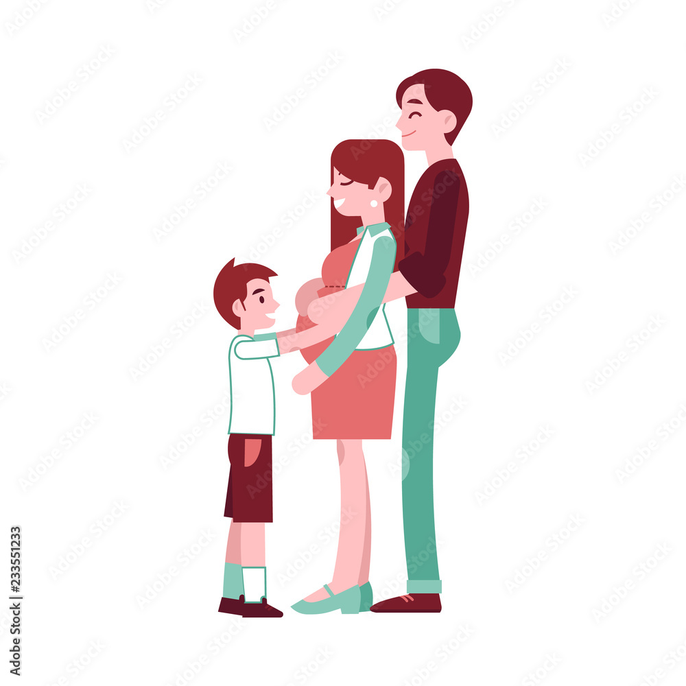 Vector happy pregnant woman with belly, man hugging her with a smile and small boy kid embracing. Adult couple future parents of a baby. Concept of pregnancy and motherhood. Isolated illustration Vector happy pregnant woman with belly, man hugging her with a smile and small boy kid embracing. Adult couple future parents of a baby. Concept of pregnancy and motherhood. Isolated illustration