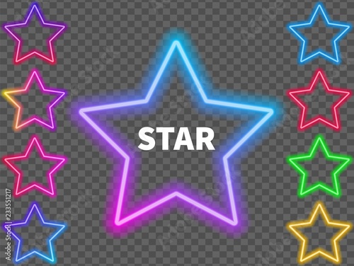 Glowing colorful neon signs of stars on a transparent background.