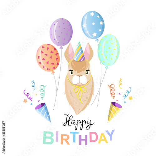 Happy birthday. Illustration of a happy birthday. Llama with balloons on a white background.