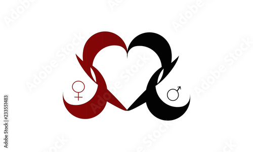 Ein rot, schwarz Herzförmiger Logo, mit männlicher und weiblicher Symbol.