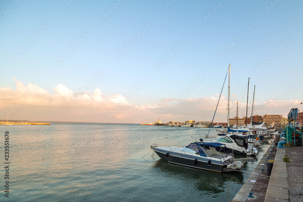 Main harbour of Anzio at sunset