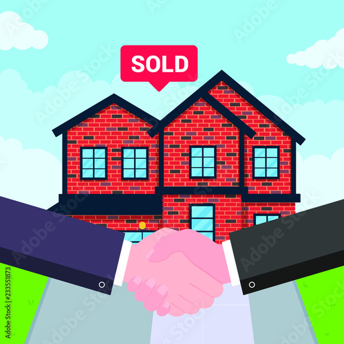 Buying new house on sale. Two hands shaking, big deal agreement flat style vector illustration. New house behind sold for new landlord or houseowner. Good partnership and succesful deal concept.