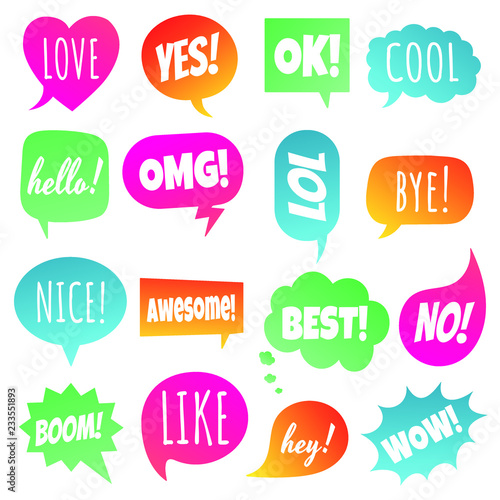 16 Speech bubbles flat gradient style design another shapes with text; love, yes, like, lol, cool, wow, boom, yes... hand drawn comic cartoon style set vector illustration isolated on white background