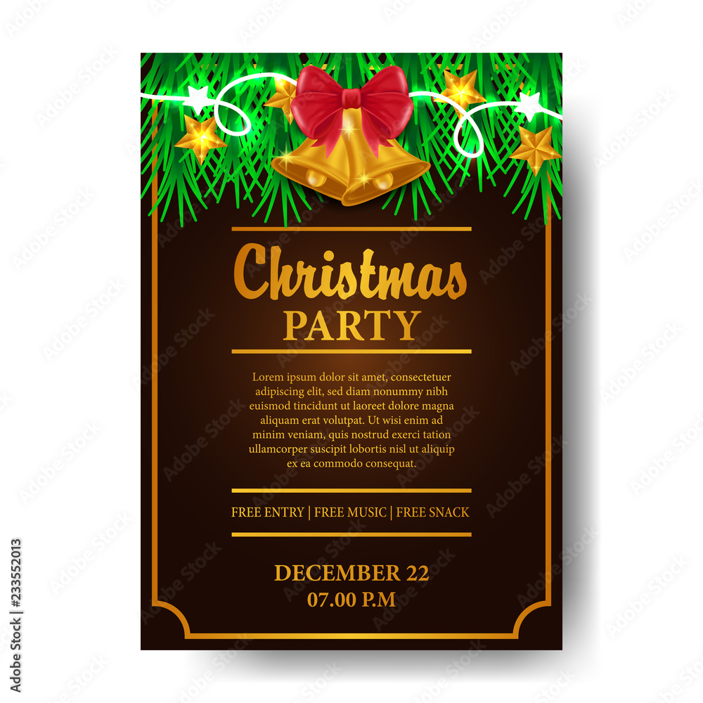 Christmas party template for invitation or announcement. ready for paper print. vector illustration of golden ribbon with garland decoration