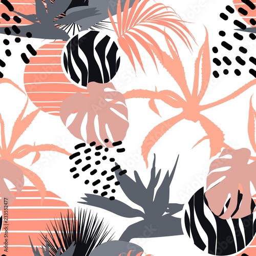 Creative universal floral background in tropical style. Hand Drawn textures. Tropic leaves and flowers in orange, grey and black colors.
