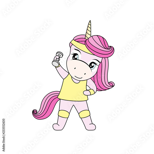The little unicorn in sports uniform does exercises with dumbbells. Little unicorn makes bends with dumbbells.