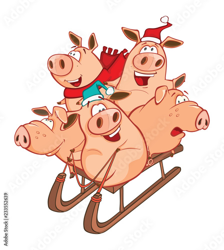 Vector Illustration of a  Funny Piglets on a Sled. Cartoon Character 