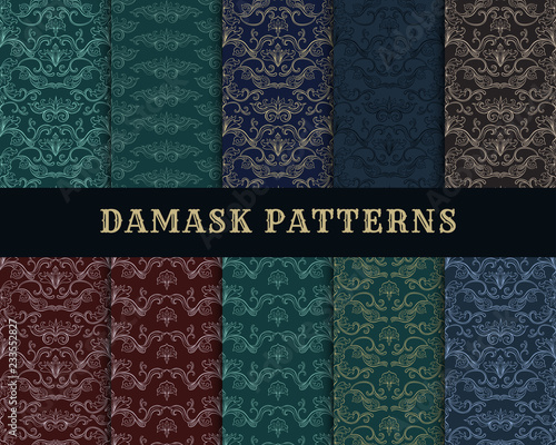 Damask Vector Seamless Pattern Collection. Vintage Style Wallpaper, Carpet or Wrapping Paper Design. Italian Medieval Floral Flourishes, Green Greek Flowers for Textures. Baroque Leaves