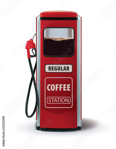 Gas Pump with coffee dispenser. Metaphor coffee is power for people. Creative vector 3d illustration