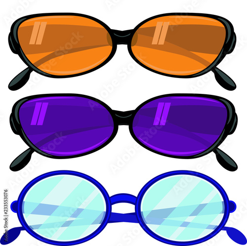 Set of sunglasses and regular glasses. Vector illustration.