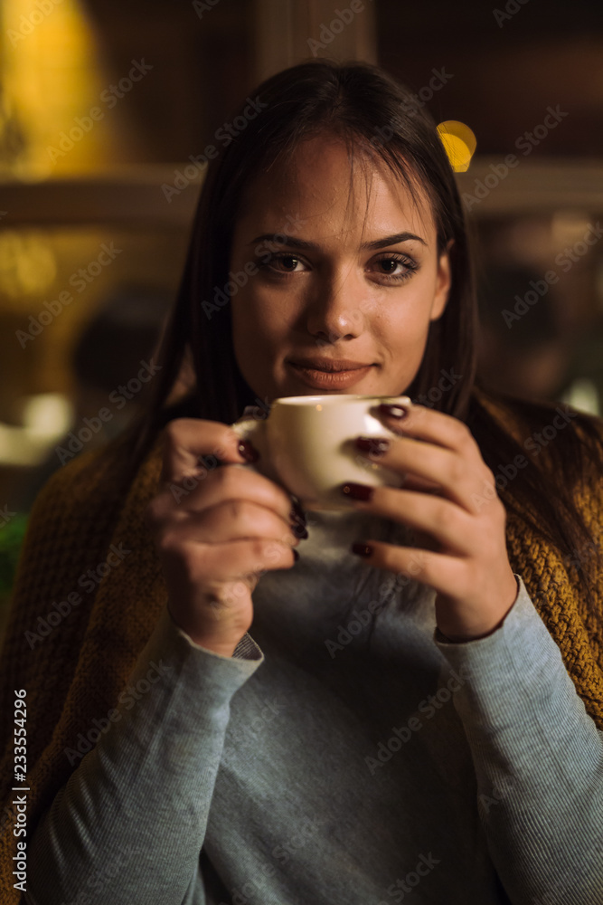 Happy woman holding coffee Happy woman holding coffee