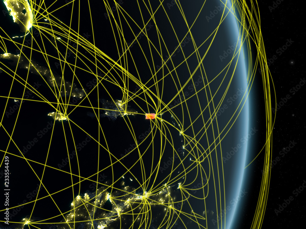 Puerto Rico at night on planet planet Earth with network. Concept of connectivity, travel and communication. Puerto Rico at night on planet planet Earth with network. Concept of connectivity, travel and communication.