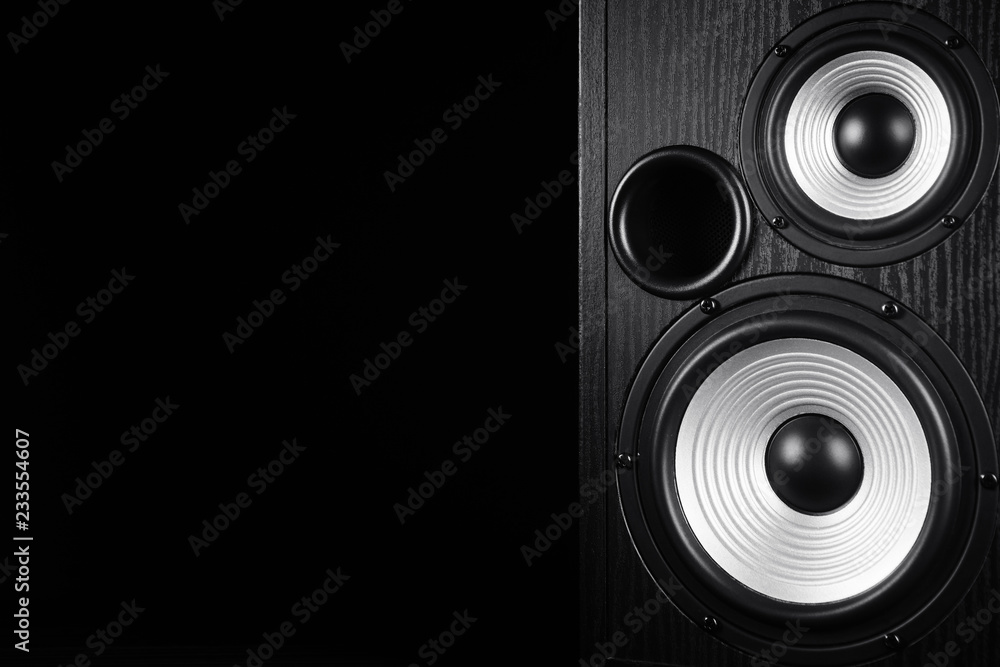 Photo of black music audio speaker. Close-up. Photo of black music audio speaker. Close-up.