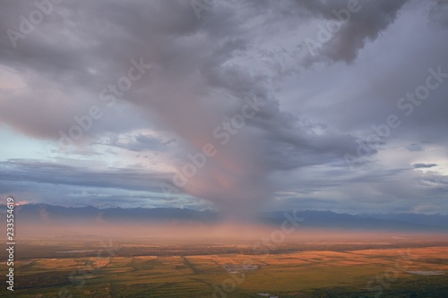 Bird eye on view on Alazani valley, clouds in the sky sunset © Vitaly