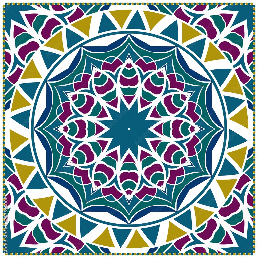 Decorative colorful ornament with round mandala decoration. symmetric pattern . For print Bandanna, shawl, tablecloth, fabric fashion, scarf, design