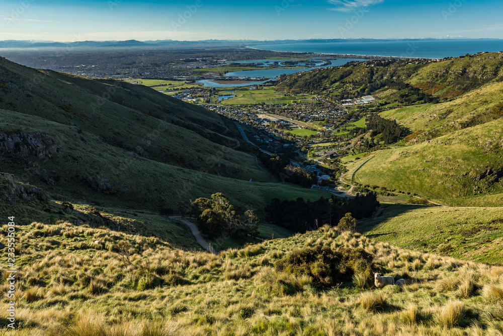 Obraz premium Christchurch Gondola and the Lyttelton port from Port Hills in New Zealand