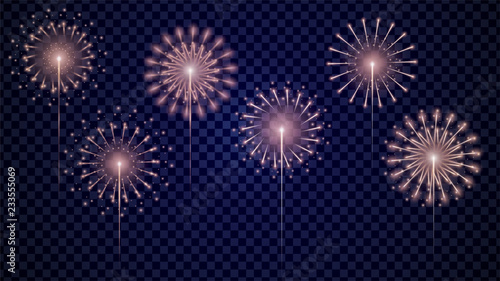 Set of firework Vector realistic with colorful on transparent background. Illustration Design. full color festive illustration