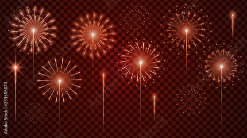 Set of firework Vector realistic with colorful on transparent background. Illustration Design. full color festive illustration