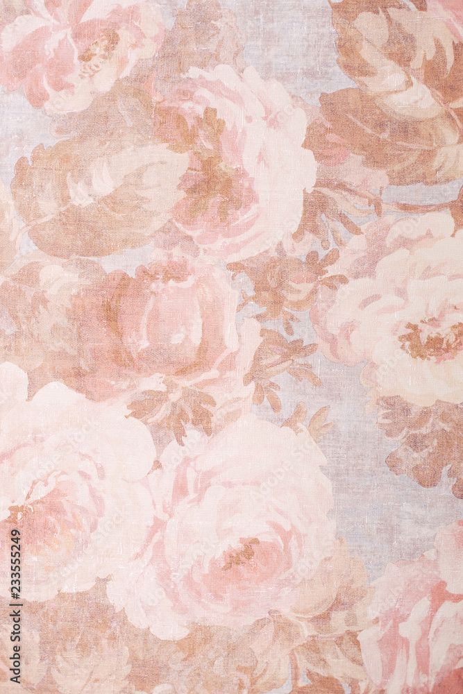Texture, background, pattern. Fabric silk exquisite colors with peonies. Cabbage Rose Floral Decorator Fabric -Peonies Roses Morning Glories- Pink, Old Rose, print on fabric background