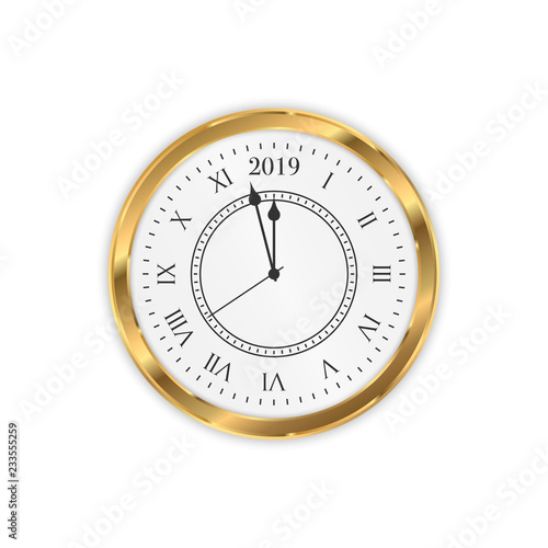 2019 New Year golden clock. Round retro clock with Roman numbers. Couple minutes untill New Year 2019.