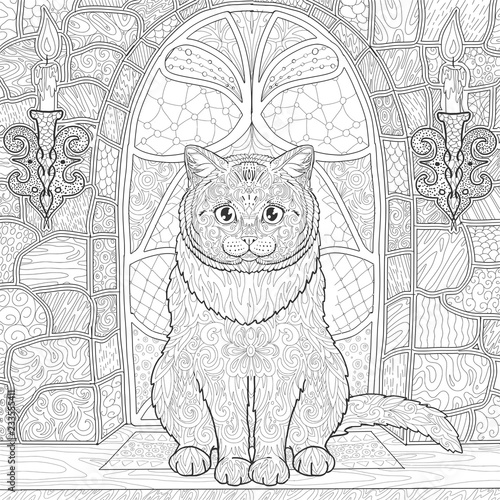 Сat sitting on the window stained glass with candles in castle, coloring book page.