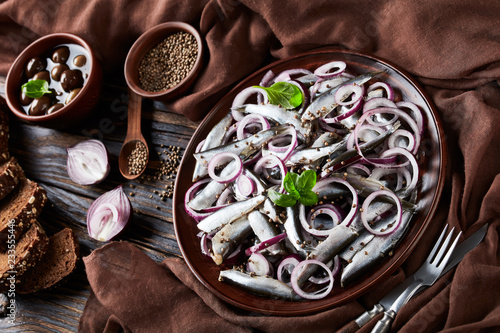 salted sprats salad with red onion rings photo