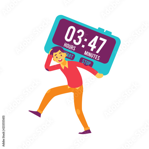 Vector cheerful man holding big digital clock on shoulder running. Male character and time management symbol. Businesswoman with clock, deadline and delay concept. Isolated illustration