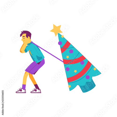 Vector illustration of young man dragging Christmas tree decorated with balls, garlands and star in flat style isolated on white background - male character with new year and xmas traditional symbol.
