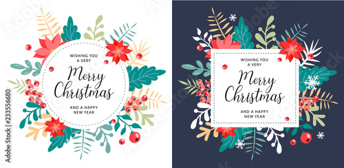 Christmas flat lay design with gift boxes.  Wrapping paper or fabric. Christmas and new year element, poster for your design.  Merry Christmas calligraphy with hand drawn decorative frame.