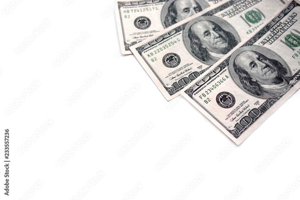Dollars on a white background. Three hundred dollars. Bills. Dollars on a white background. Three hundred dollars. Bills.