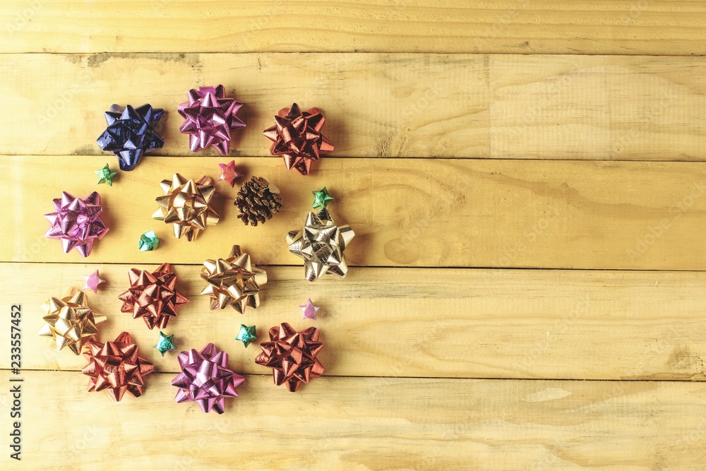 Happy New Year 2019,with ribbon bow on wood top view copy space Happy New Year 2019,with ribbon bow on wood top view copy space
