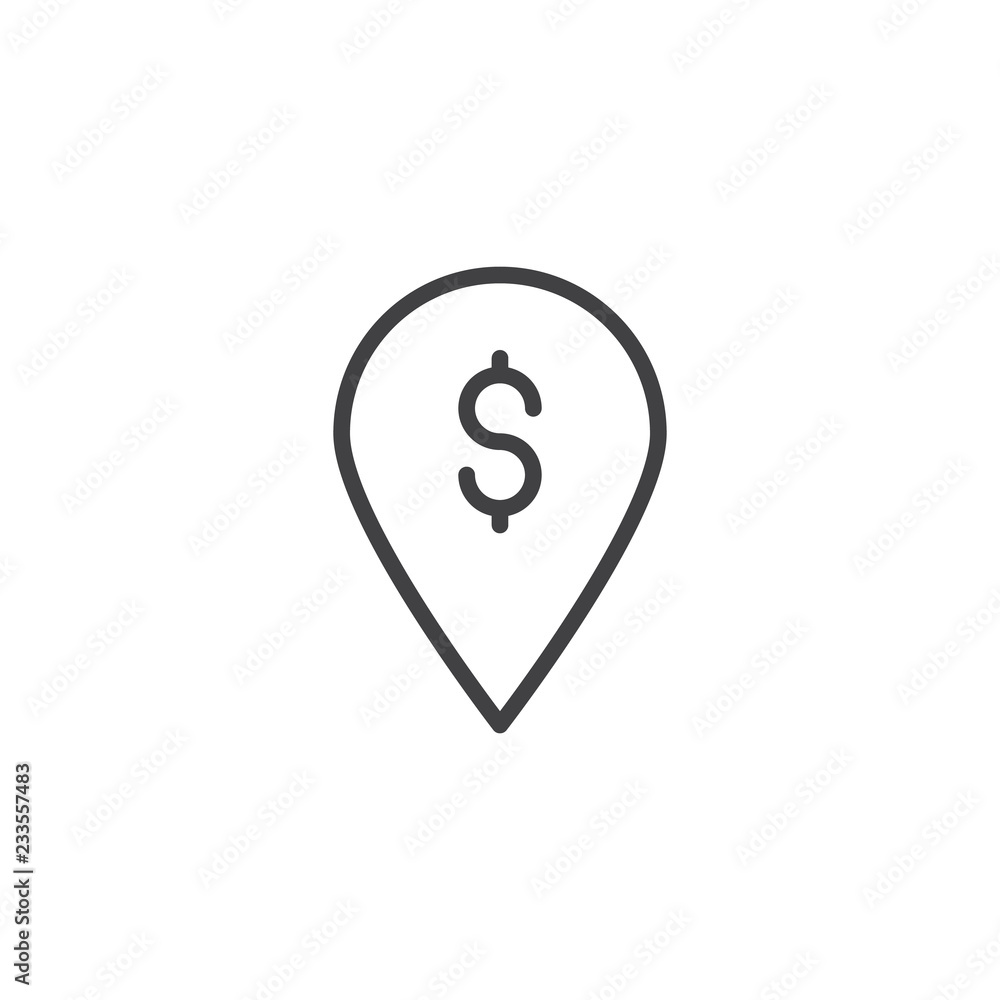 Dollar map pin outline icon. linear style sign for mobile concept and web design. Money Location Pin simple line vector icon. Symbol, logo illustration. Pixel perfect vector graphics Dollar map pin outline icon. linear style sign for mobile concept and web design. Money Location Pin simple line vector icon. Symbol, logo illustration. Pixel perfect vector graphics