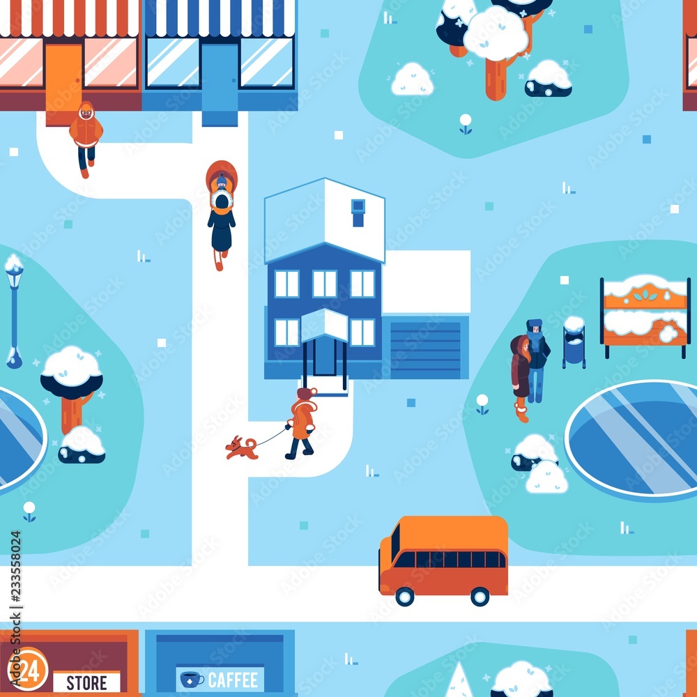 Winter city landscape seamless pattern vector illustration in flat style. Above view on people in warm clothes walking on snowy street with houses and trees - seasonal urban backdrop.