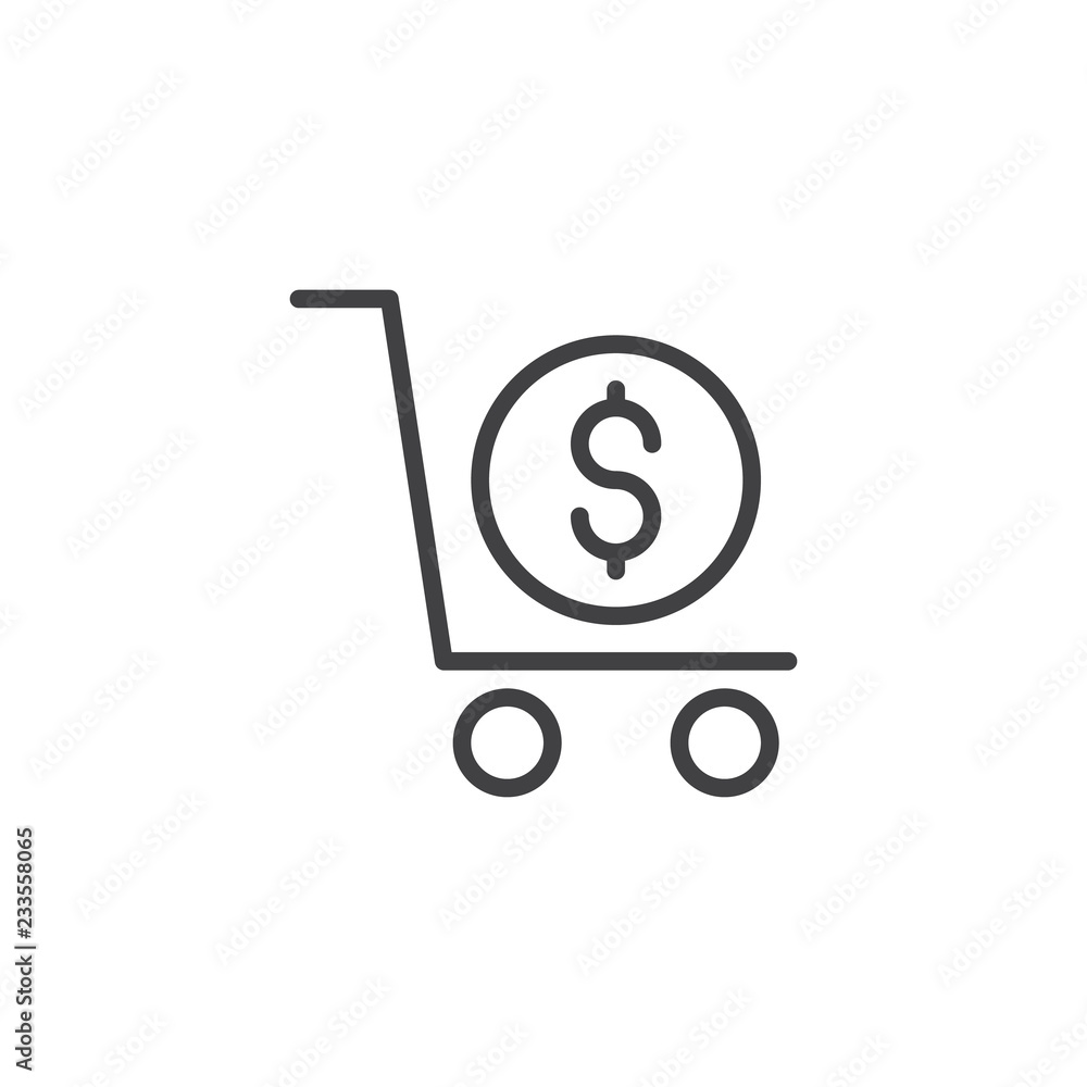 Dollar shopping cart outline icon. linear style sign for mobile concept and web design. Online shopping simple line vector icon. Symbol, logo illustration. Pixel perfect vector graphics Dollar shopping cart outline icon. linear style sign for mobile concept and web design. Online shopping simple line vector icon. Symbol, logo illustration. Pixel perfect vector graphics