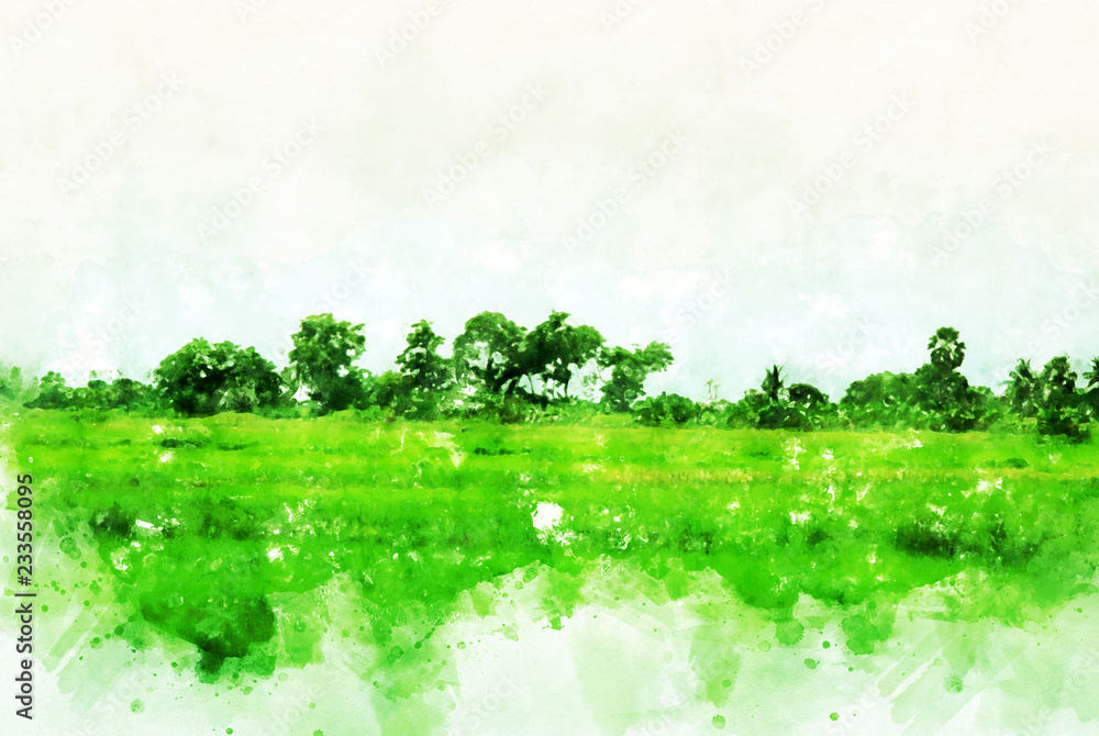 Abstract Colorful tree and field landscape on watercolor painting background.