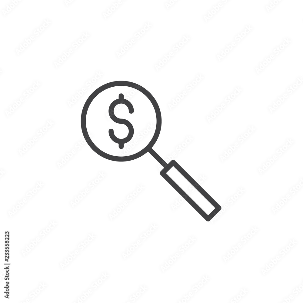 Money search outline icon. linear style sign for mobile concept and web design. Magnifier and dollar simple line vector icon. Symbol, logo illustration. Pixel perfect vector graphics Money search outline icon. linear style sign for mobile concept and web design. Magnifier and dollar simple line vector icon. Symbol, logo illustration. Pixel perfect vector graphics