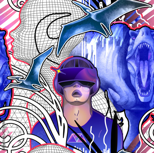 Man wearing VR glasses among the dinosaurs, mesh human silhouette and fantastic plants.