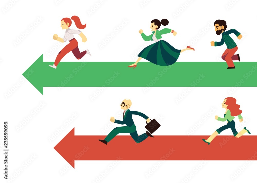 People running along arrows for competition concept in flat style isolated on white background - vector illustration of groups of racing business men and women moving forward to goal achievement. People running along arrows for competition concept in flat style isolated on white background - vector illustration of groups of racing business men and women moving forward to goal achievement.
