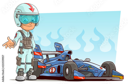 Cartoon racer in helmet with modern sport car