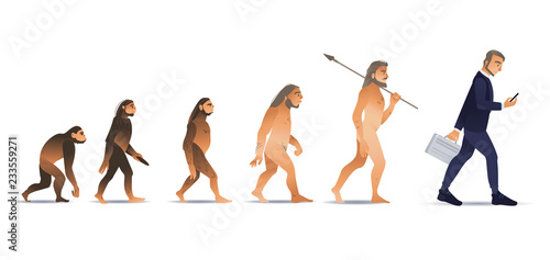 Vector evolution concept with ape to man growth process with monkey, caveman to businessman in suit holding suitcase using smartphone. Mankind development, darwin theory photo