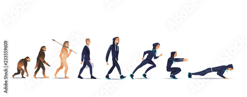Vector illustration of human evolution from ape to man. Flat isolated evolutionary process of change and development from monkey via businessman in suit to sportsman doing exercises.