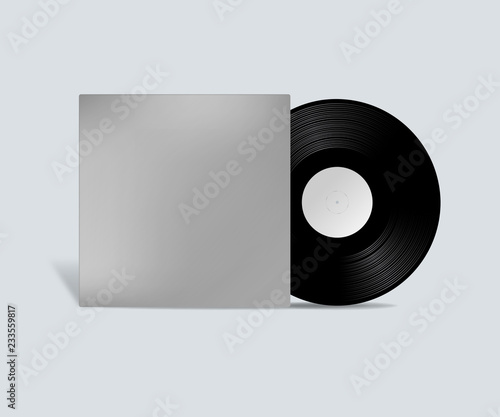 Realistic Vinyl Record with Cover Mockup. Vector realistic 3d music gramophone vinyl LP record with cover icon closeup isolated on white background.