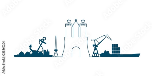 Image relative to Germany travel theme. Hamburg city emblem and nautical transportation icons