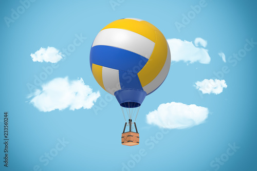 3d rendering of large hot air balloon with a canopy made of a volleyball ball on a cloudy background. photo