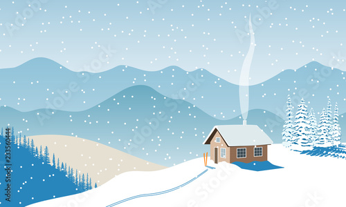 Winter with house, distant mountains, skies, snow, Snow flurry, sun light, chimney smoke, forest, ski run