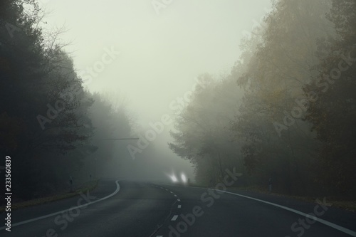 Nebel auf einer Landstraße am frühen Morgen